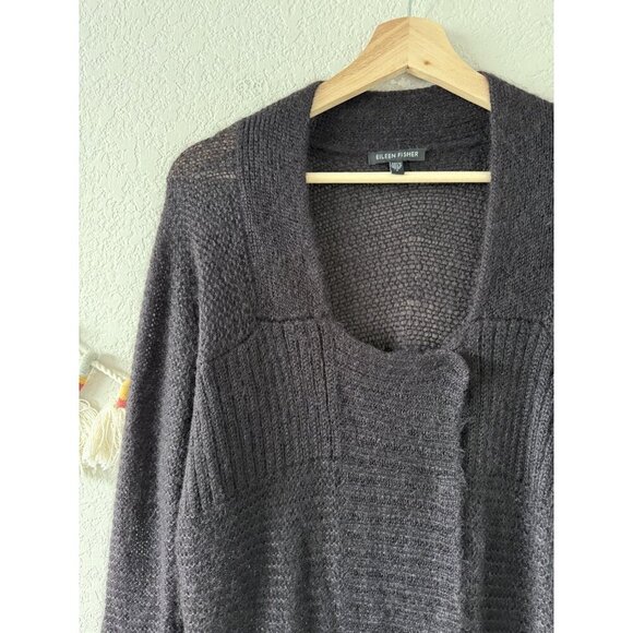 Eileen Fisher Mohair Wool Open Knit Snap Button Longline Cardigan Deep Purple S - Picture 6 of 9